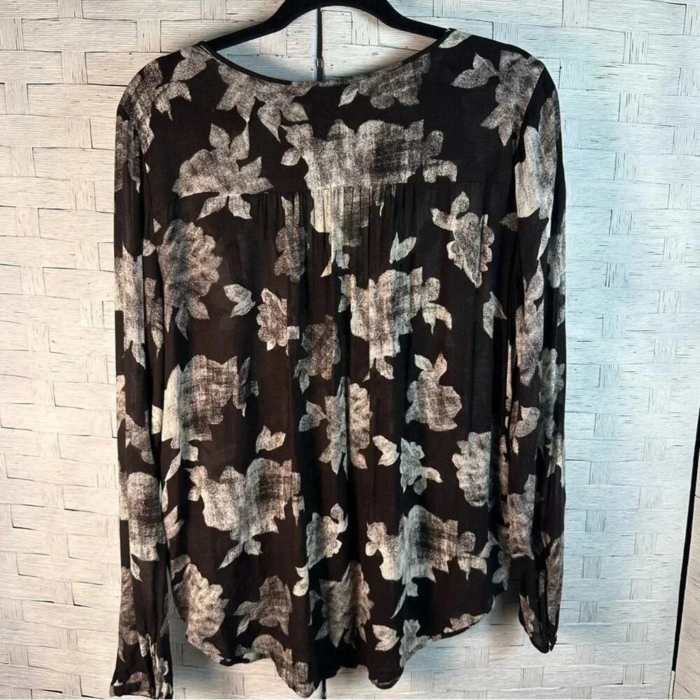 LUCKY BRAND top blouse black & cream floral lung sleeve bohemian peasant hippie - Picture 2 of 9